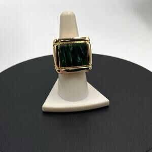 Heavy Gold Plated Vermeil Bezeled Green Malachite Chunky Cocktail Ring‎ Sz 7 3/4